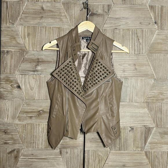 Double Zero Womens Studded Vest Sz Small Tan Faux Leather Bikercore - Picture 2 of 8